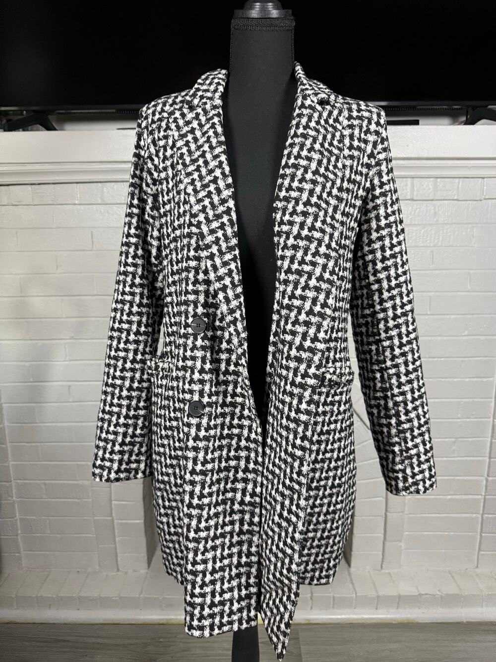 Monochrome Houndstooth Longline Coat Jacket